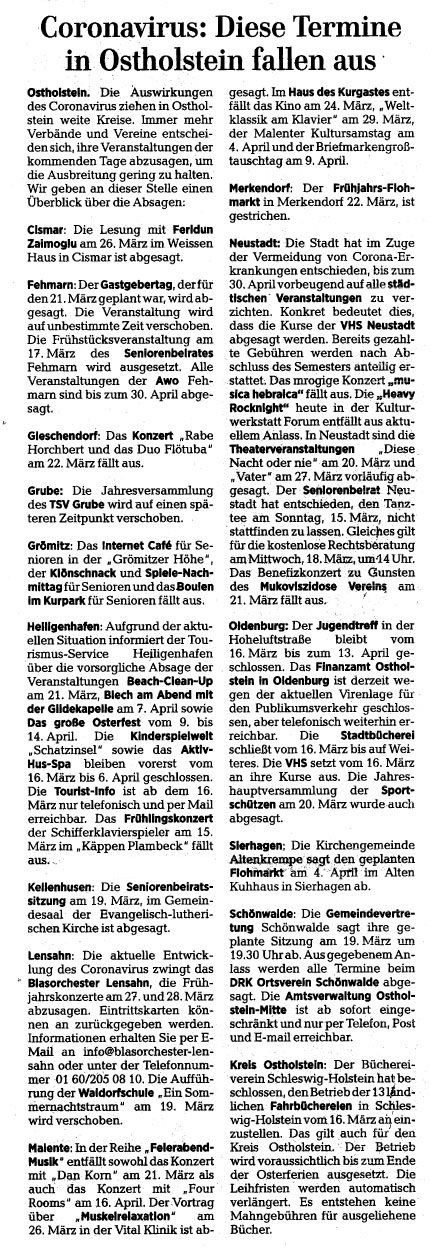 Coronavirus: Diese Termine in Ostholstein fallen aus; Lübecker Nachrichten vom 14.03.2020