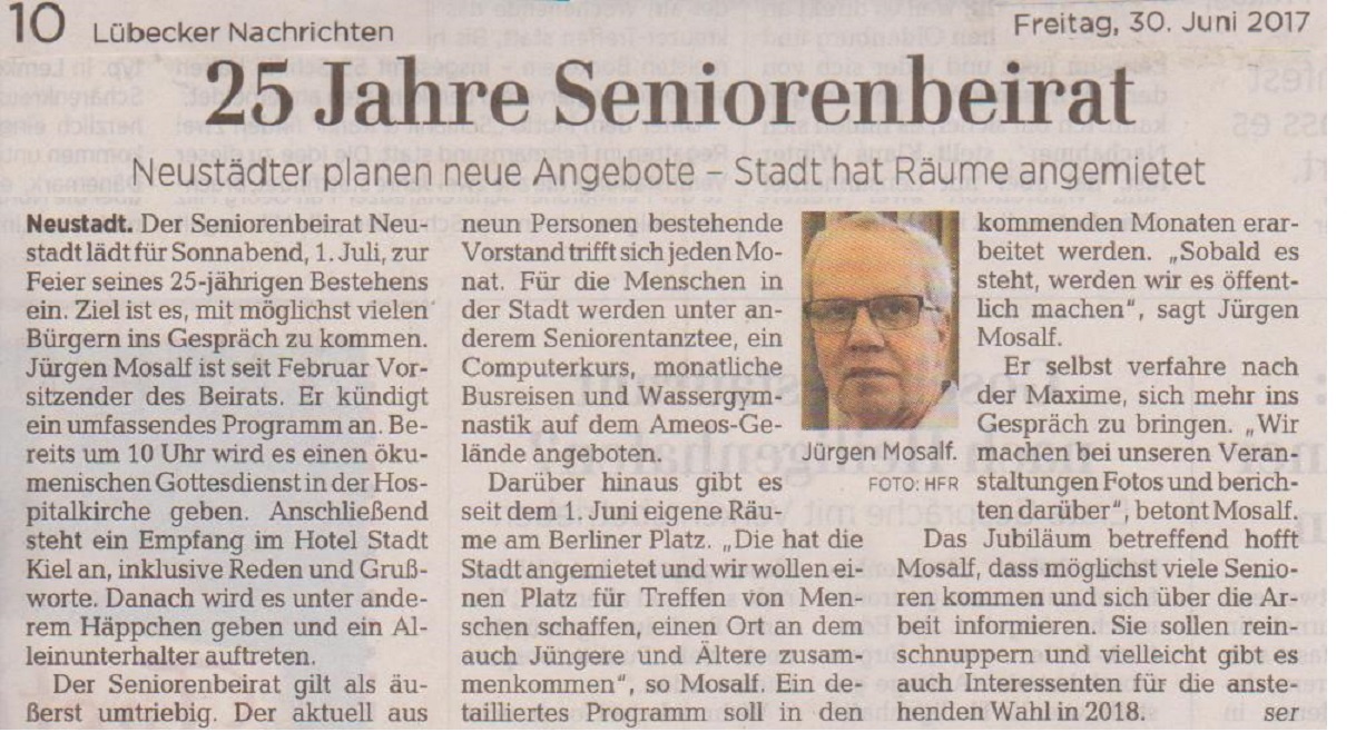 25 Jahre Seniorenbeirat; Lübecker Nachrichten 30. Juni 2017